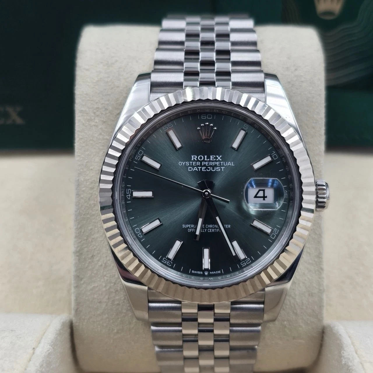 2023 PAPERS Rolex Datejust 41mm Steel Jubilee Mint Green Stick Dial 126334 BOX