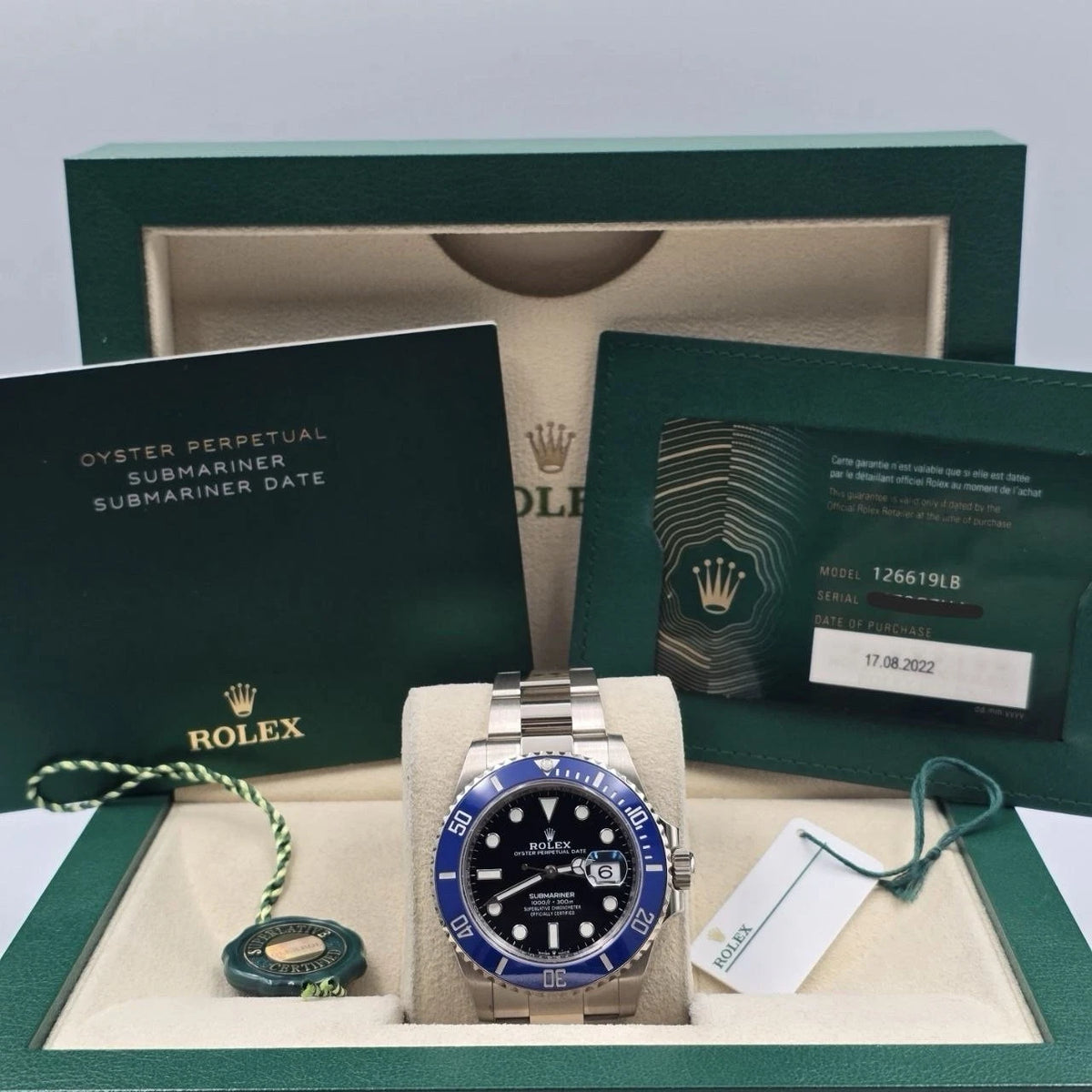 2022 PAPERS Rolex 126619LB Submariner Blue Cookie Monster Gold 41mm Watch BOX