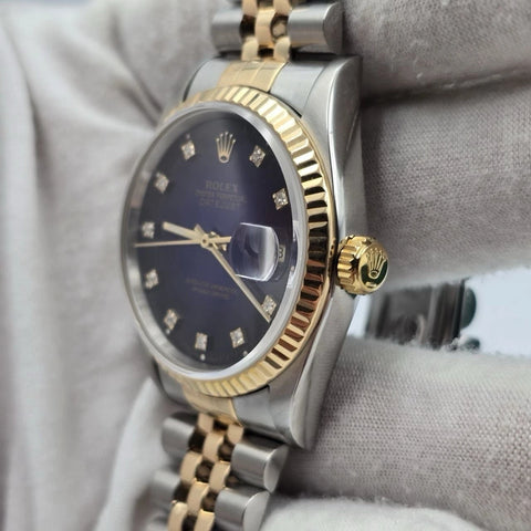 PAPERS Rolex Datejust 36mm Blue Vignette Diamond Dial 18K Gold Jubilee 16233
