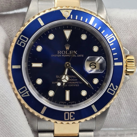 2005 Rolex Submariner 16613 NO HOLES Blue Dial Two Tone Steel Gold 40mm Watch
