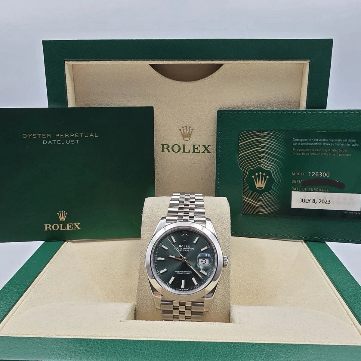 2023 Rolex Datejust 41mm Mint Green Dial Smooth Bezel Jubilee Watch 126300 B+P