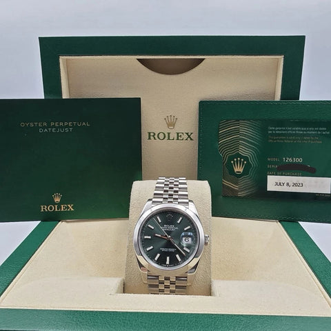 2023 Rolex Datejust 41mm Mint Green Dial Smooth Bezel Jubilee Watch 126300 B+P