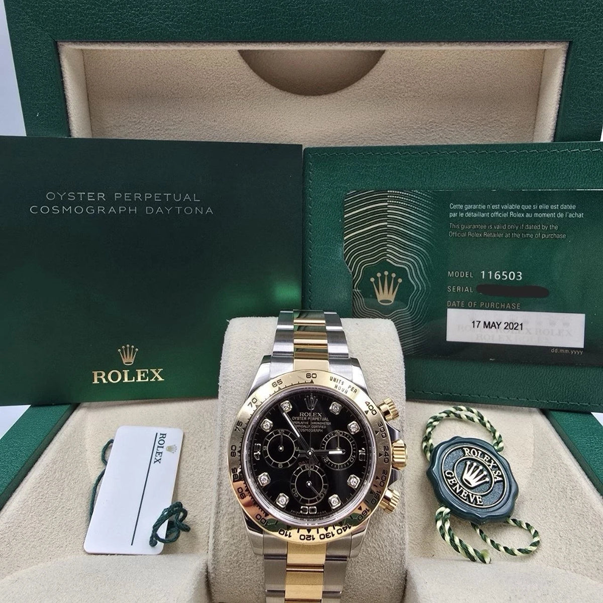 2021 PAPERS Rolex Daytona Black Diamond Dial 18K Yellow Gold Steel 116503 BOX