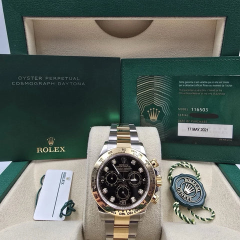 2021 PAPERS Rolex Daytona Black Diamond Dial 18K Yellow Gold Steel 116503 BOX