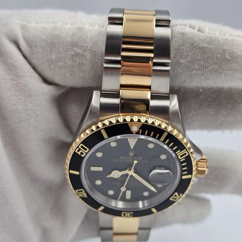 2004 PAPERS Rolex Submariner 16613 Black Dial Two Tone Gold Clasp 40mm BOX + RSC