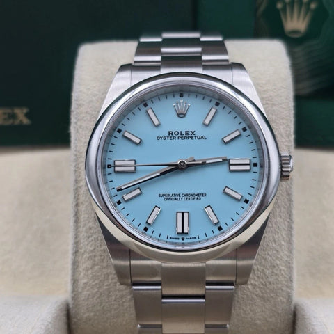 2021 PAPERS Rolex Oyster Perpetual 41mm Turquoise Blue Steel 124300 BOX