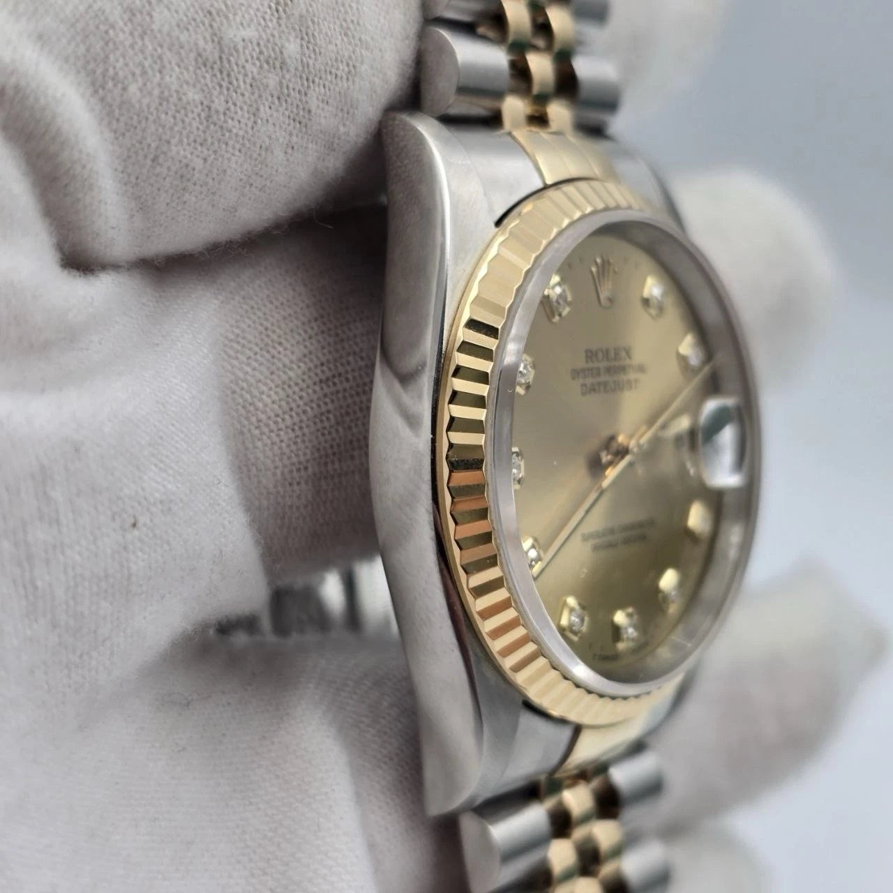 1996 PAPERS Rolex Datejust 36mm Champagne Diamond Dial Two Tone Jubilee 16233