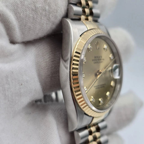 1996 PAPERS Rolex Datejust 36mm Champagne Diamond Dial Two Tone Jubilee 16233