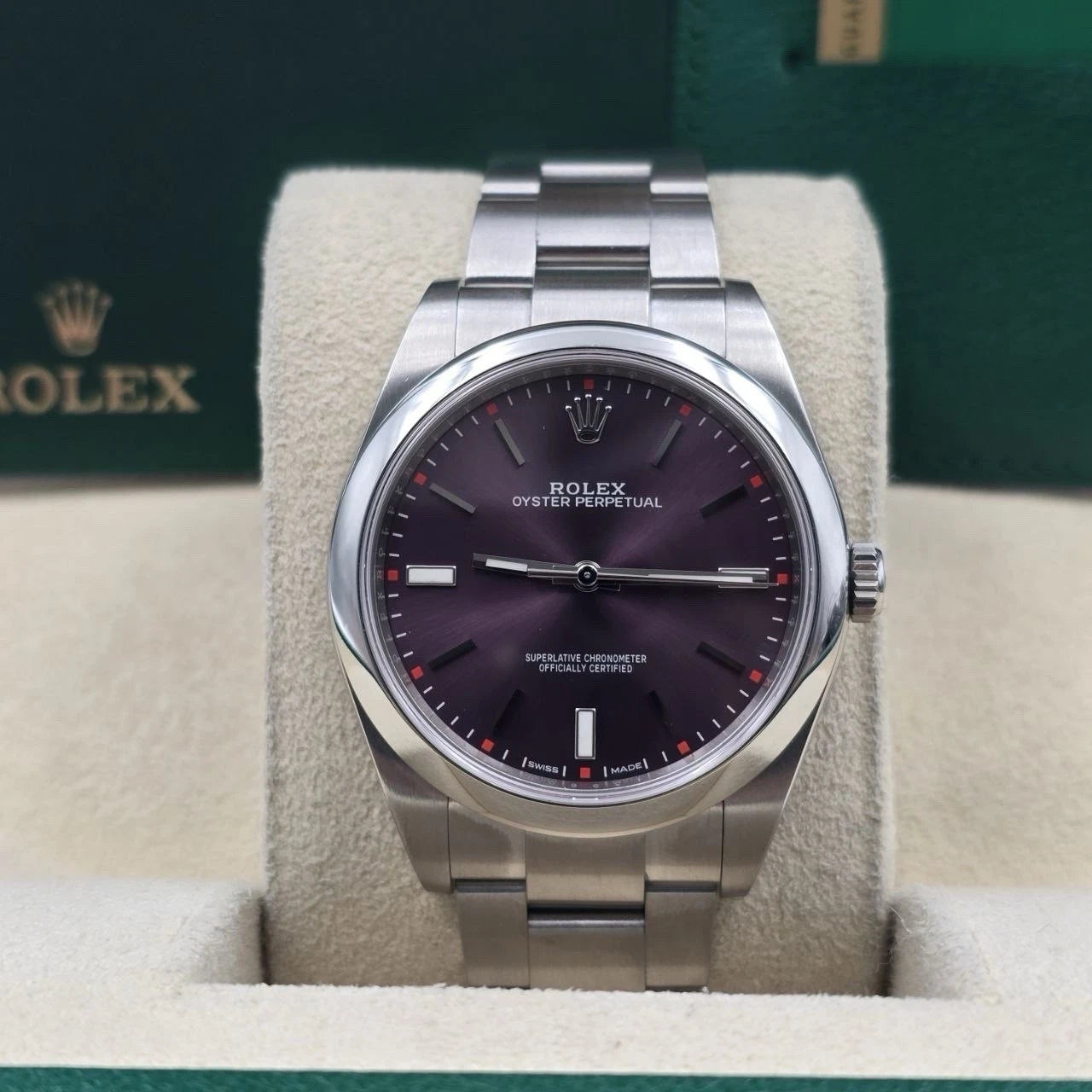 PAPERS 2019 Rolex Oyster Perpetual PURPLE GRAPE 39mm Stainless Steel 114300 BOX