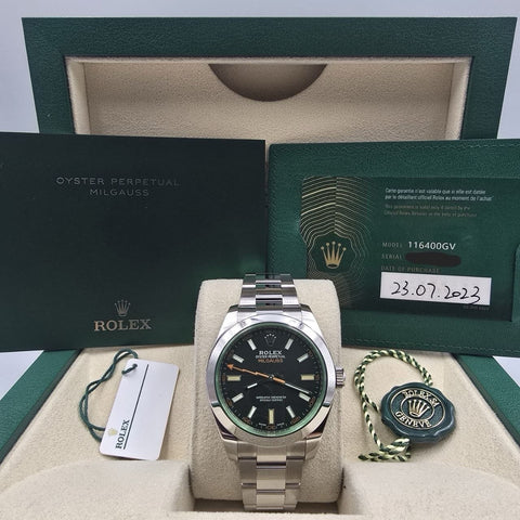 2023 PAPERS Rolex Milgauss 40mm Steel Black Dial Green Crystal 116400GV BOX