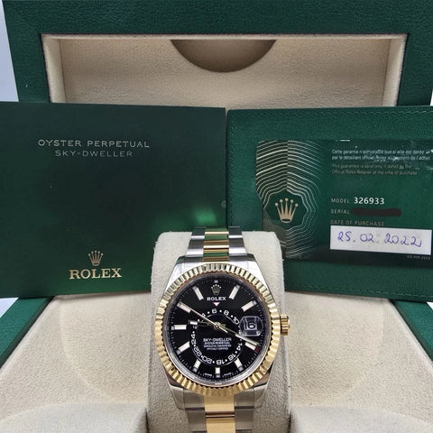 2022 PAPERS Rolex Sky-Dweller Two-Tone Gold Steel Black 42mm 326933 BOX