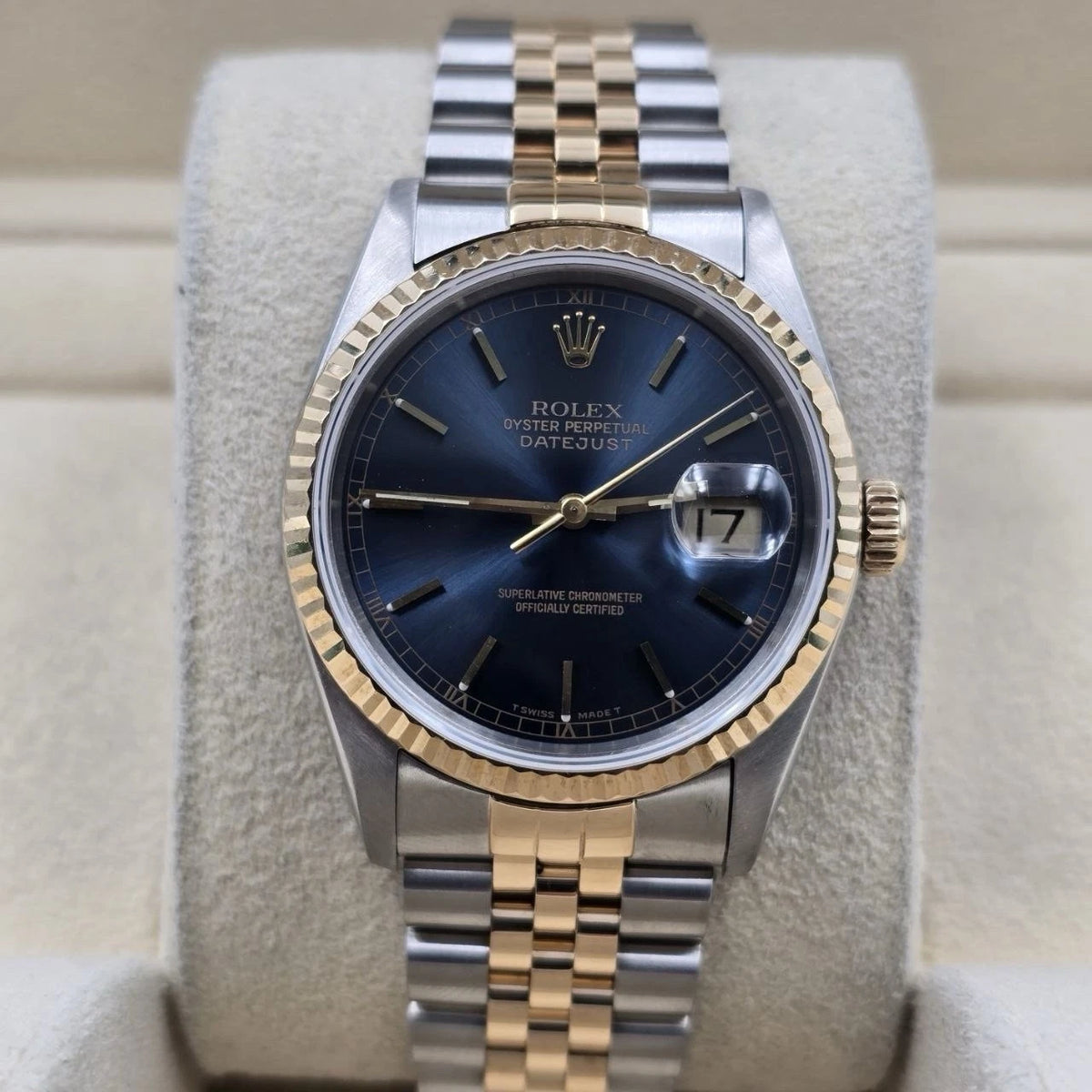 Rolex Datejust 36mm Blue Stick Dial Two Tone 18K Yellow Gold Jubilee 16233