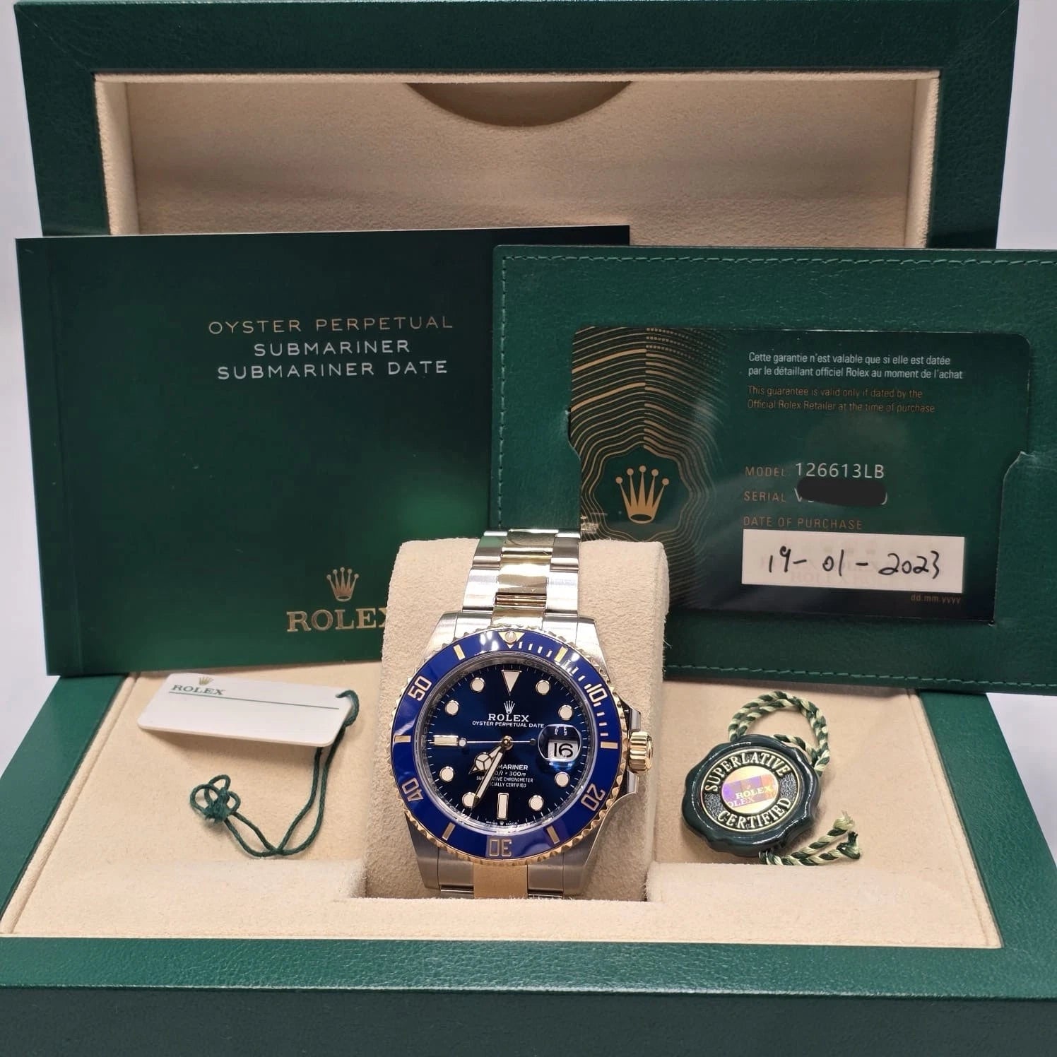 MINT PAPERS 2023 Rolex Submariner Date 41mm Ceramic Blue 18K Gold 126613LB BOX