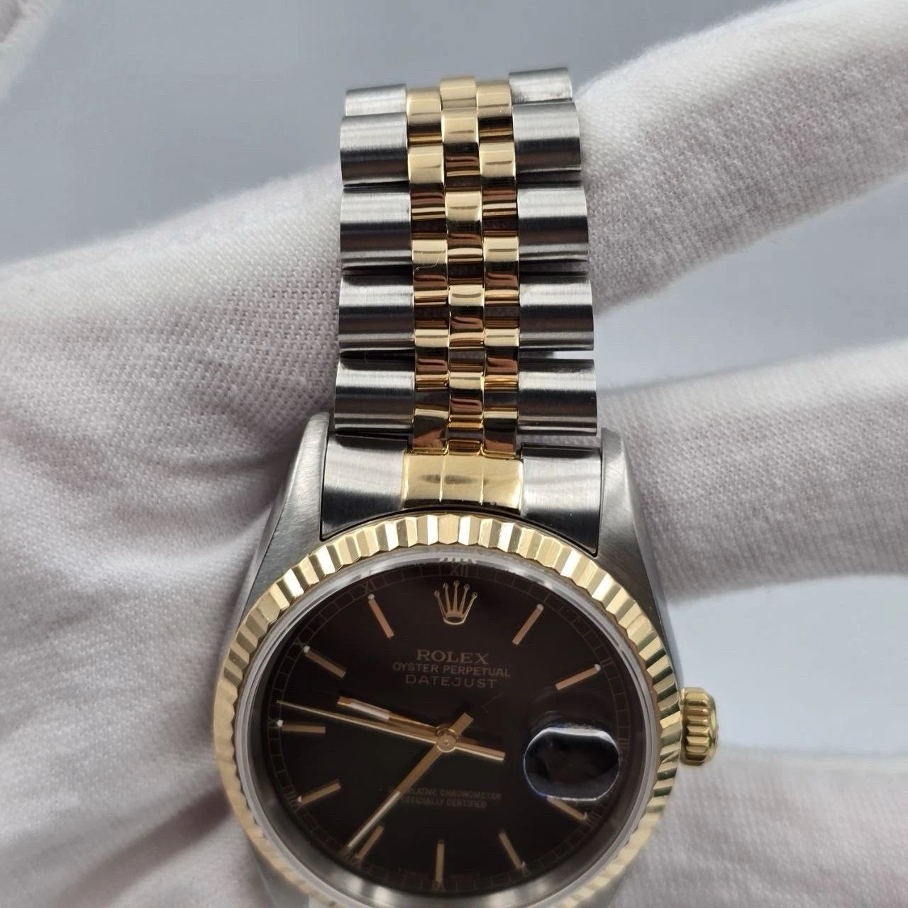 Rolex Datejust 36mm Black Stick Roman Two Tone 18K Yellow Gold Jubilee 16233