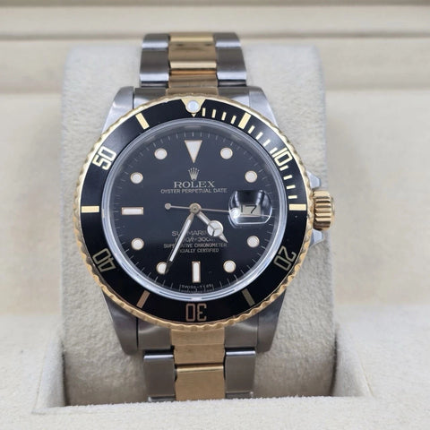 Rolex Submariner Date 18K Yellow Gold Black Stainless Steel 40mm Watch 16803