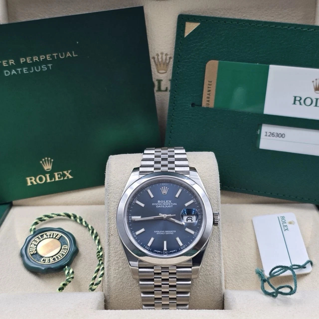 2018 PAPERS Rolex Datejust 41mm 126300 Blue Stick Dial Smooth Bezel Jubilee BOX