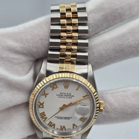 Rolex Datejust 36mm White Roman Dial Steel Two Tone Jubilee 16233
