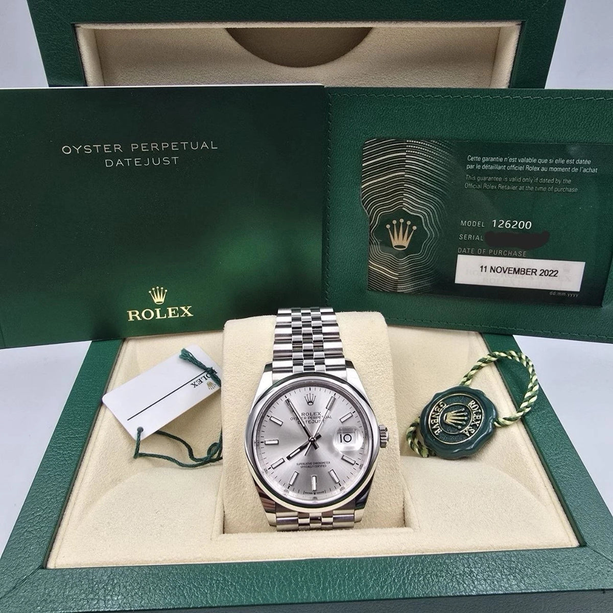 2022 PAPERS Rolex Datejust Silver Dial Stainless Steel Jubilee 36mm 126200 BOX