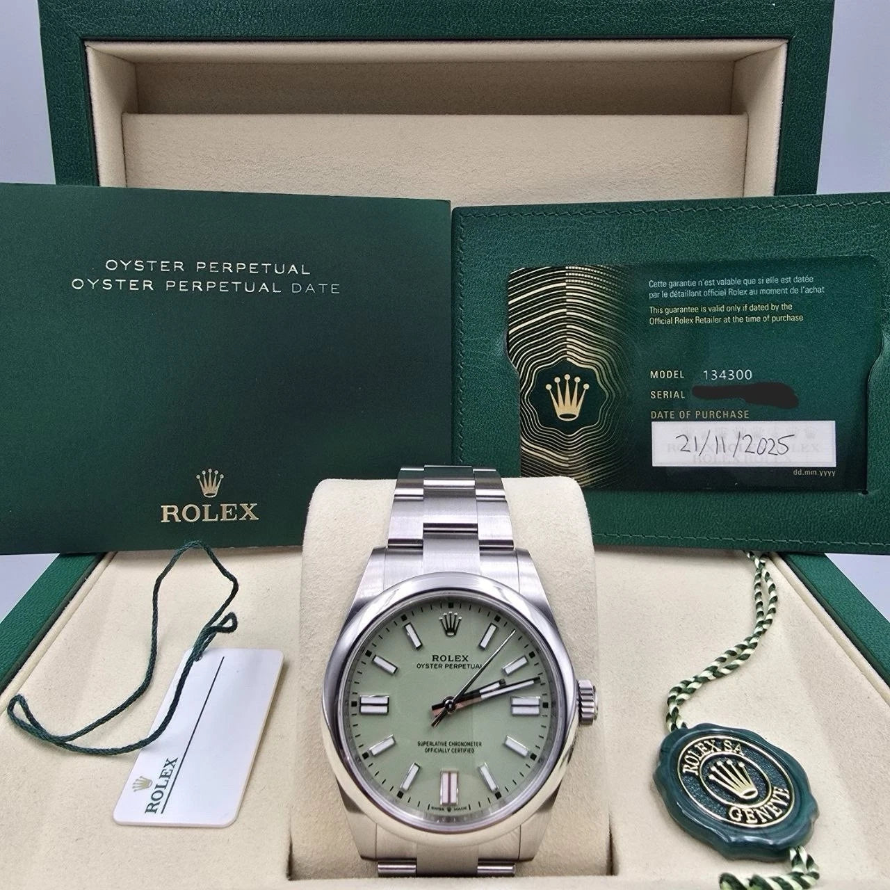 2025 PAPERS Rolex Oyster Perpetual Pistachio Dial Steel 41mm 134300 BOX
