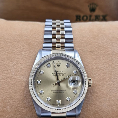 PAPERS Rolex Datejust 36mm Champagne Diamond Dial Two Tone Jubilee 16233 BOX