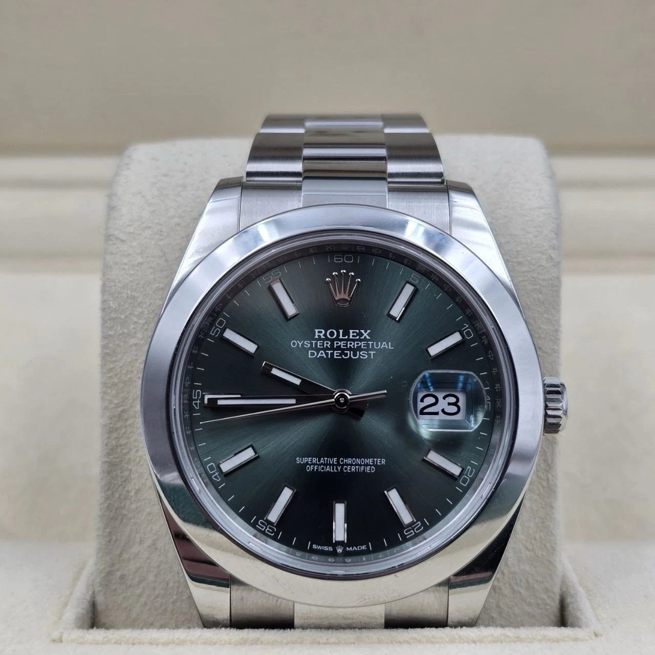 2022 PAPERS Rolex Datejust 41mm 126300 Mint Green Stick Dial Smooth Oyster BOX