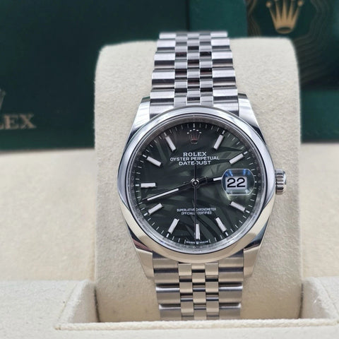 2023 PAPERS Rolex Datejust Green Palm Motif Dial Steel Jubilee 36mm 126200 BOX