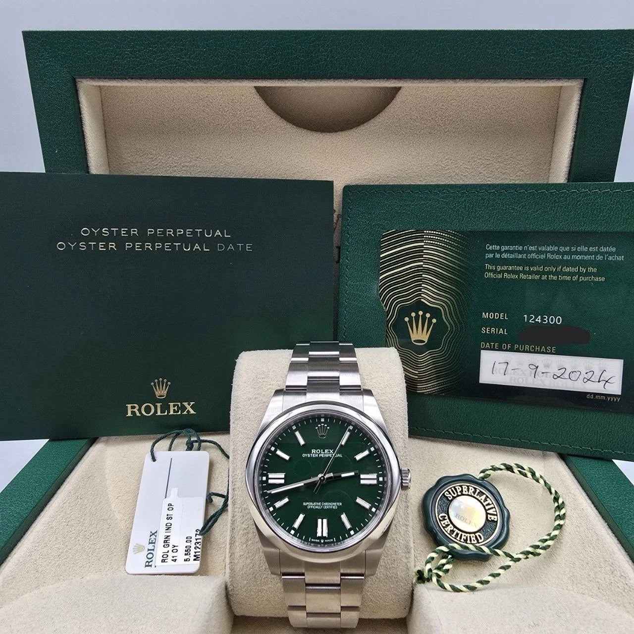 2024 PAPERS Rolex Oyster Perpetual 41mm Green Dial Steel 124300 BOX