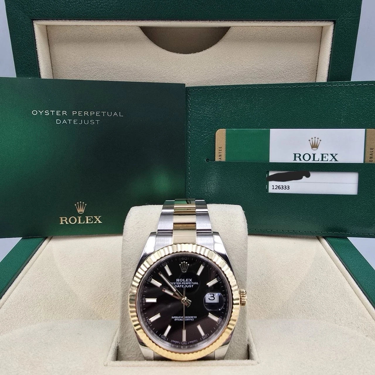2017 PAPERS Rolex Datejust 41mm Two Tone Steel Black Dial Oyster 126333 BOX