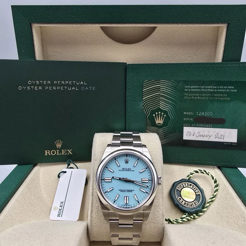 NEW STICKERED 2021 PAPERS Rolex Oyster Perpetual 41mm Tiffany Blue 124300 BOX