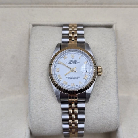 Rolex Lady Datejust Gold Steel Fluted Bezel White Roman Jubilee 26mm Watch 79173
