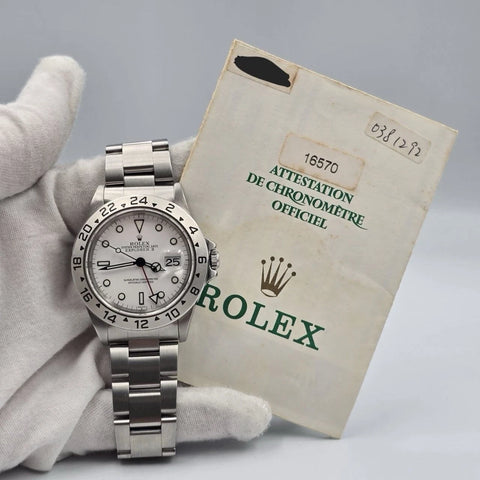 1999 PAPERS Rolex 16570 Explorer II Polar White Dial Stainless Steel 40mm Watch
