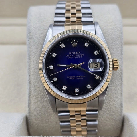 PAPERS Rolex Datejust 36mm Blue Vignette Diamond Dial 18K Gold Jubilee 16233