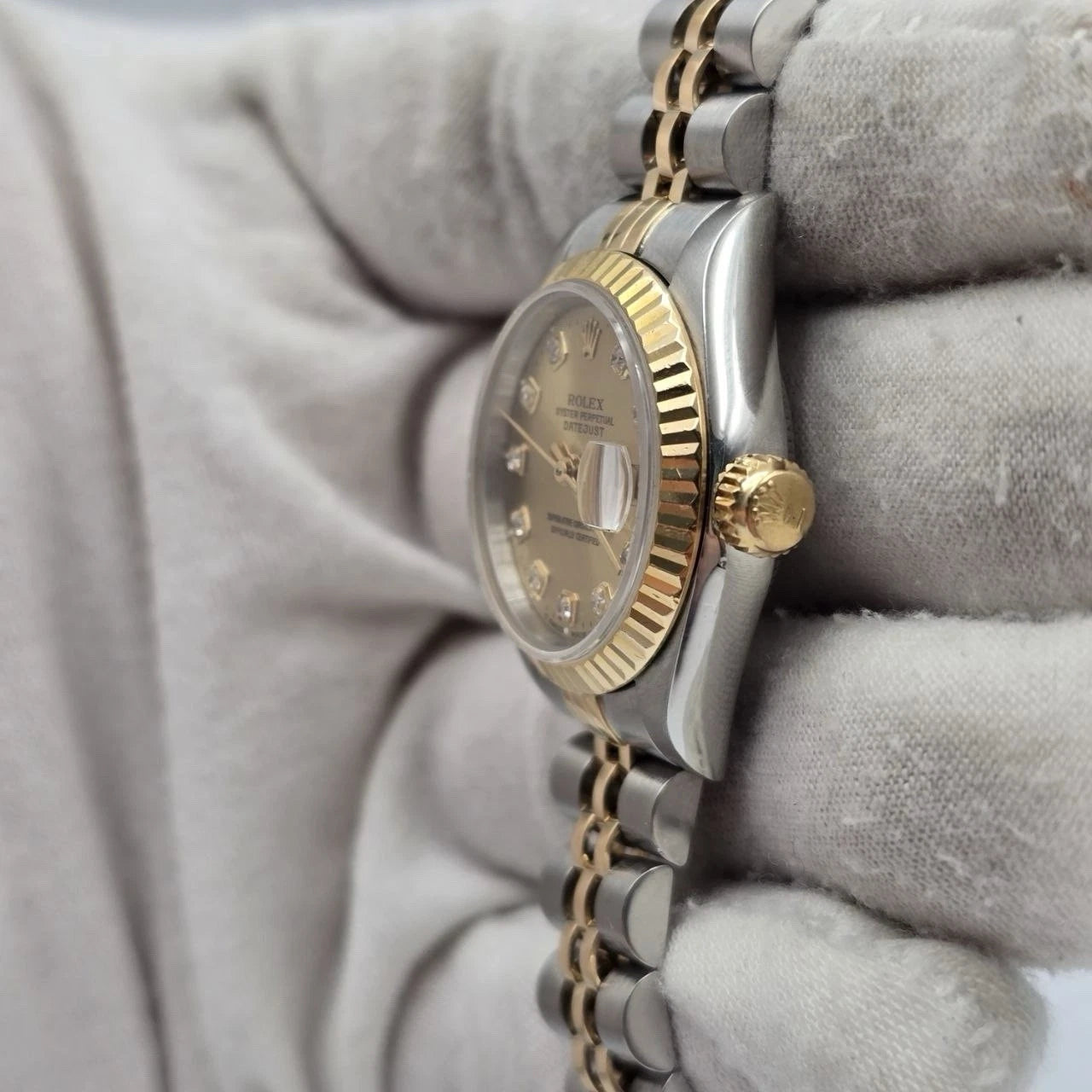 Rolex Lady Datejust 26mm Yellow Gold Steel Factory Champagne Diamond Dial 69173