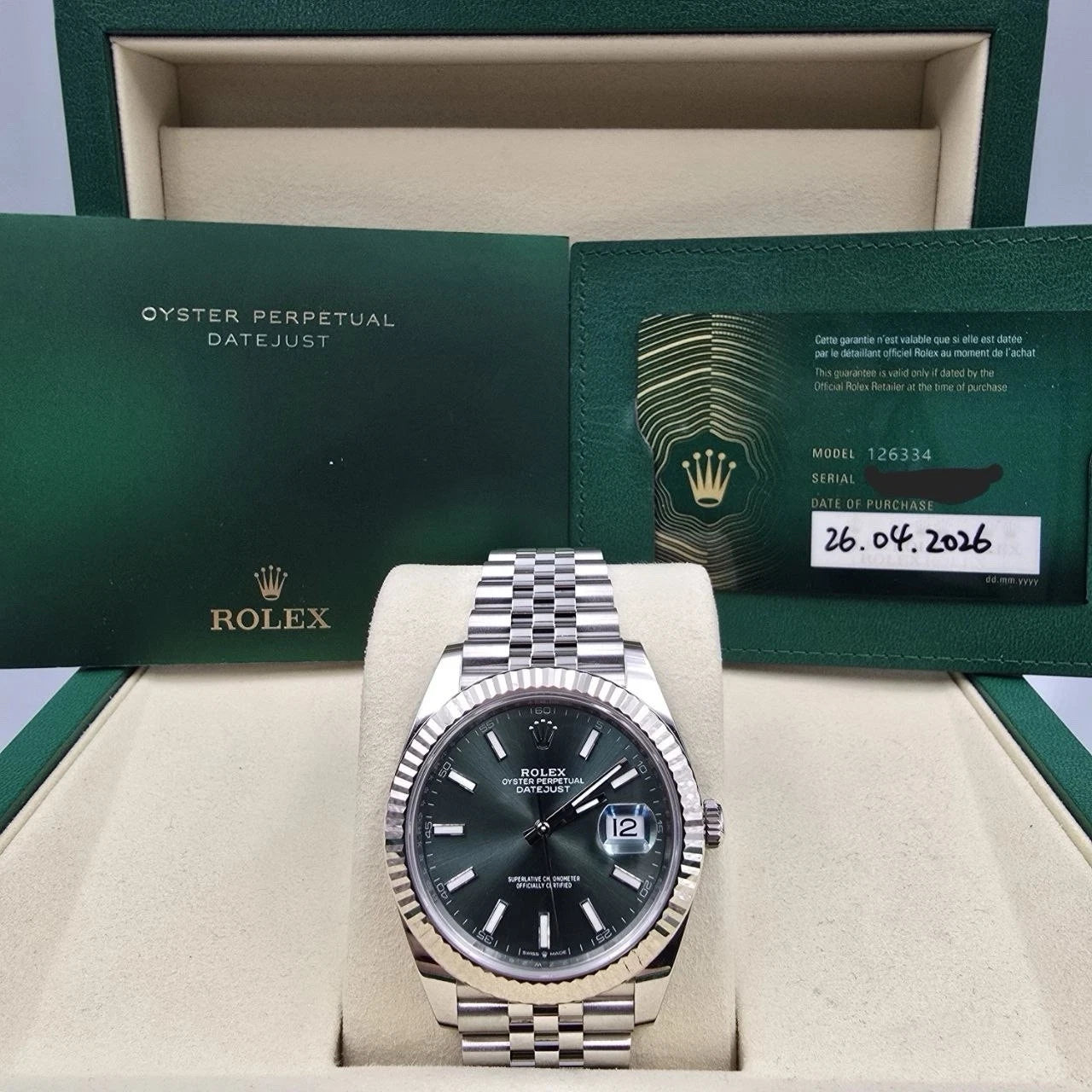 2026 PAPERS Rolex Datejust 41mm Steel Jubilee Mint Green Stick Dial 126334 BOX