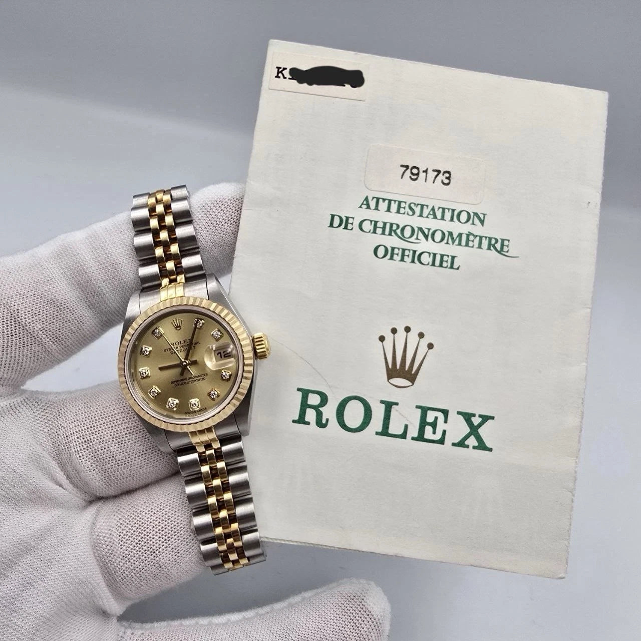 PAPERS Rolex Datejust Gold Steel Champagne Diamond Dial Jubilee 26mm 79173