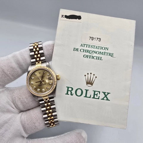 PAPERS Rolex Datejust Gold Steel Champagne Diamond Dial Jubilee 26mm 79173