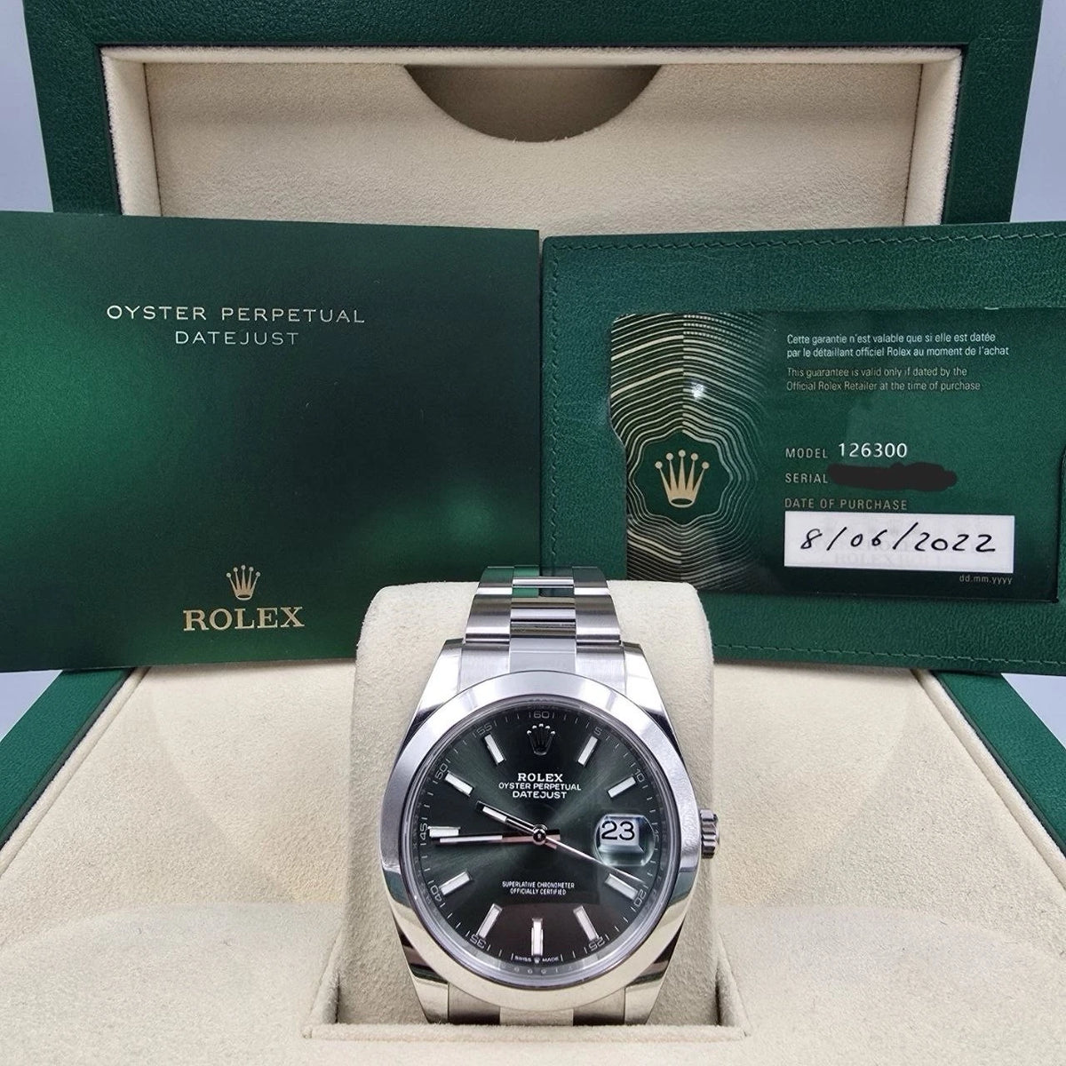 2022 PAPERS Rolex Datejust 41mm 126300 Mint Green Stick Dial Smooth Oyster BOX