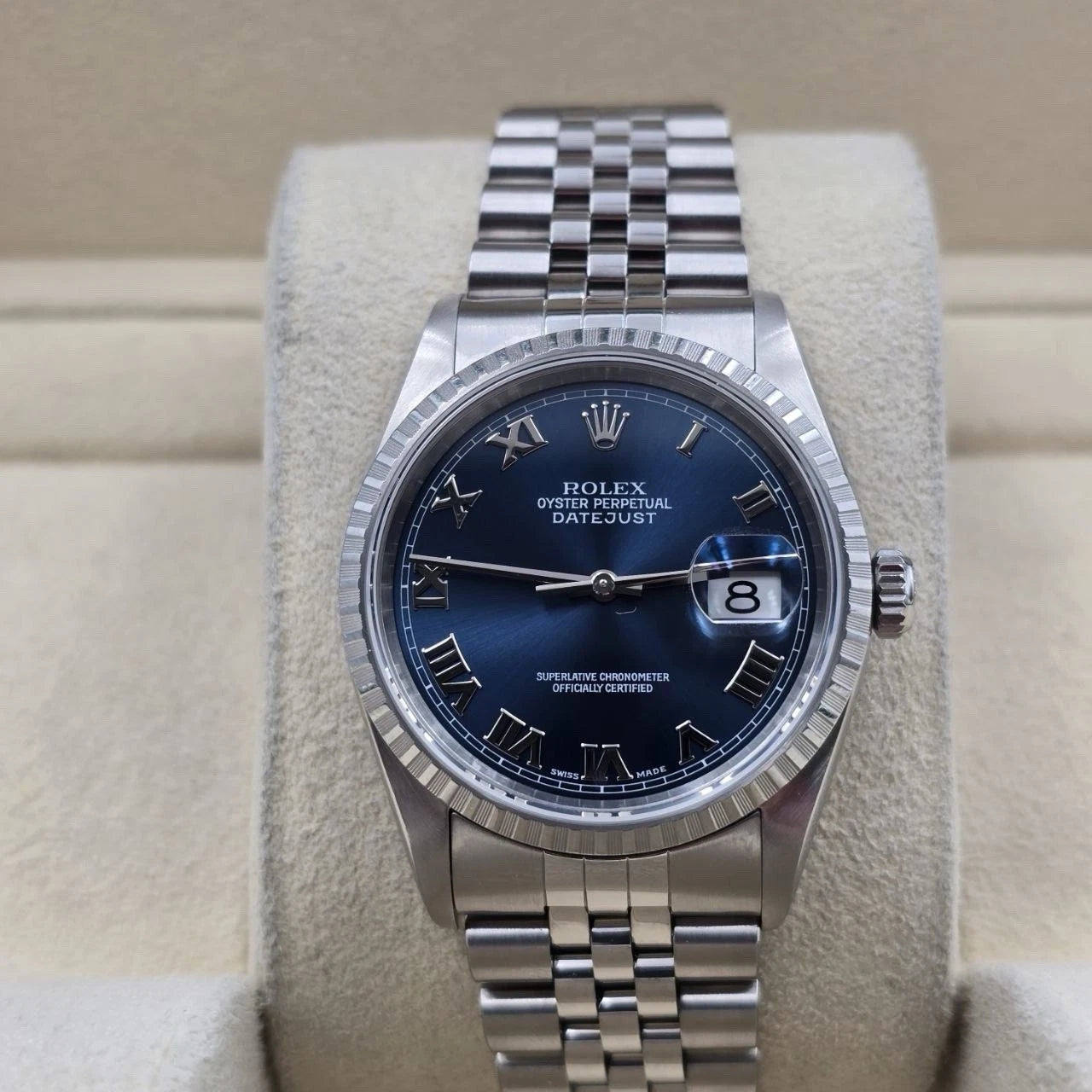 2002 PAPERS Rolex Datejust 36mm 16220 Blue Roman Dial Jubilee Watch