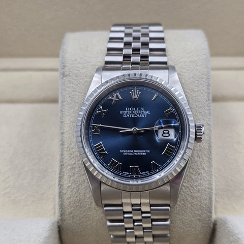 2002 PAPERS Rolex Datejust 36mm 16220 Blue Roman Dial Jubilee Watch