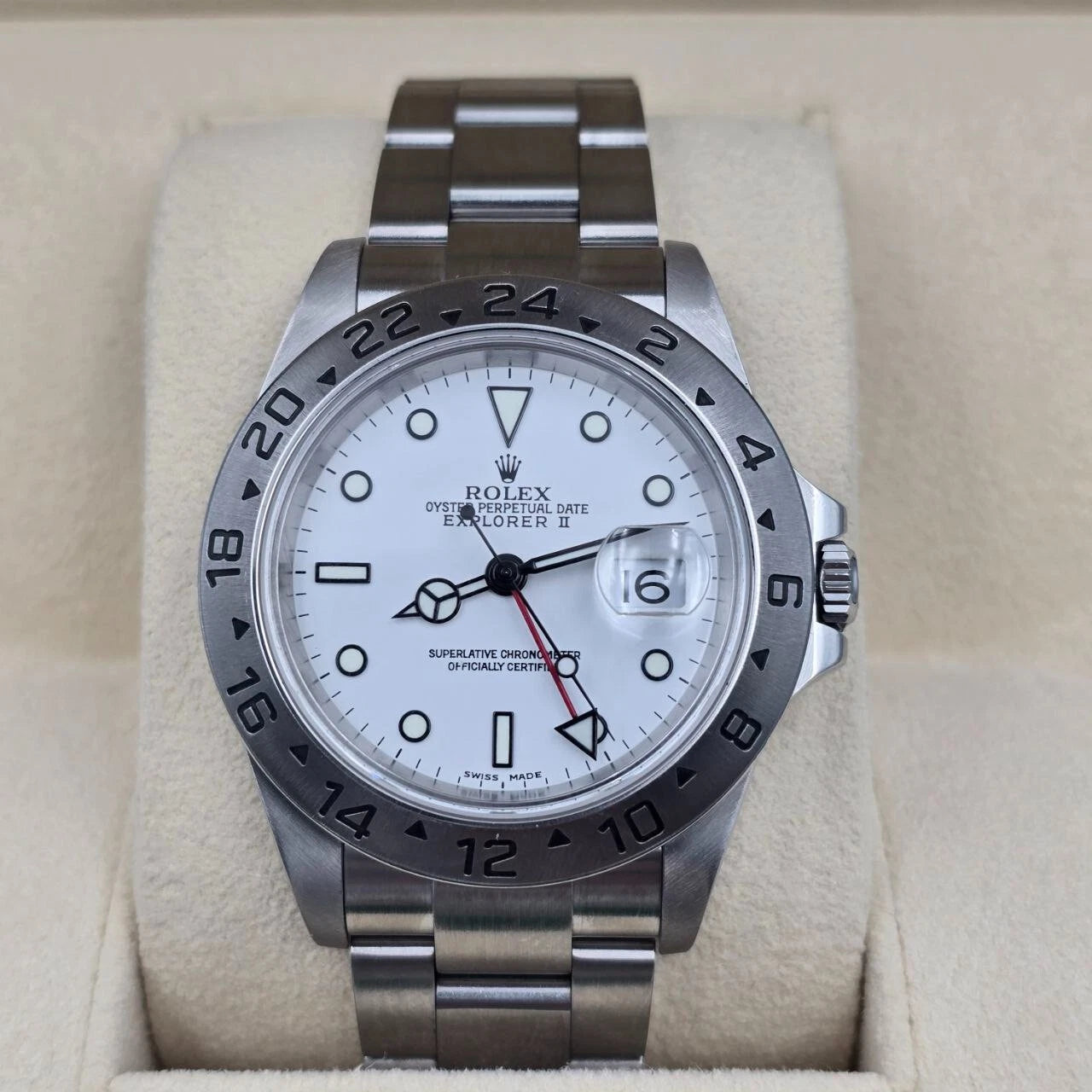 PAPERS Rolex 16570 Explorer II White 40mm Steel NO HOLES Oyster Date Watch