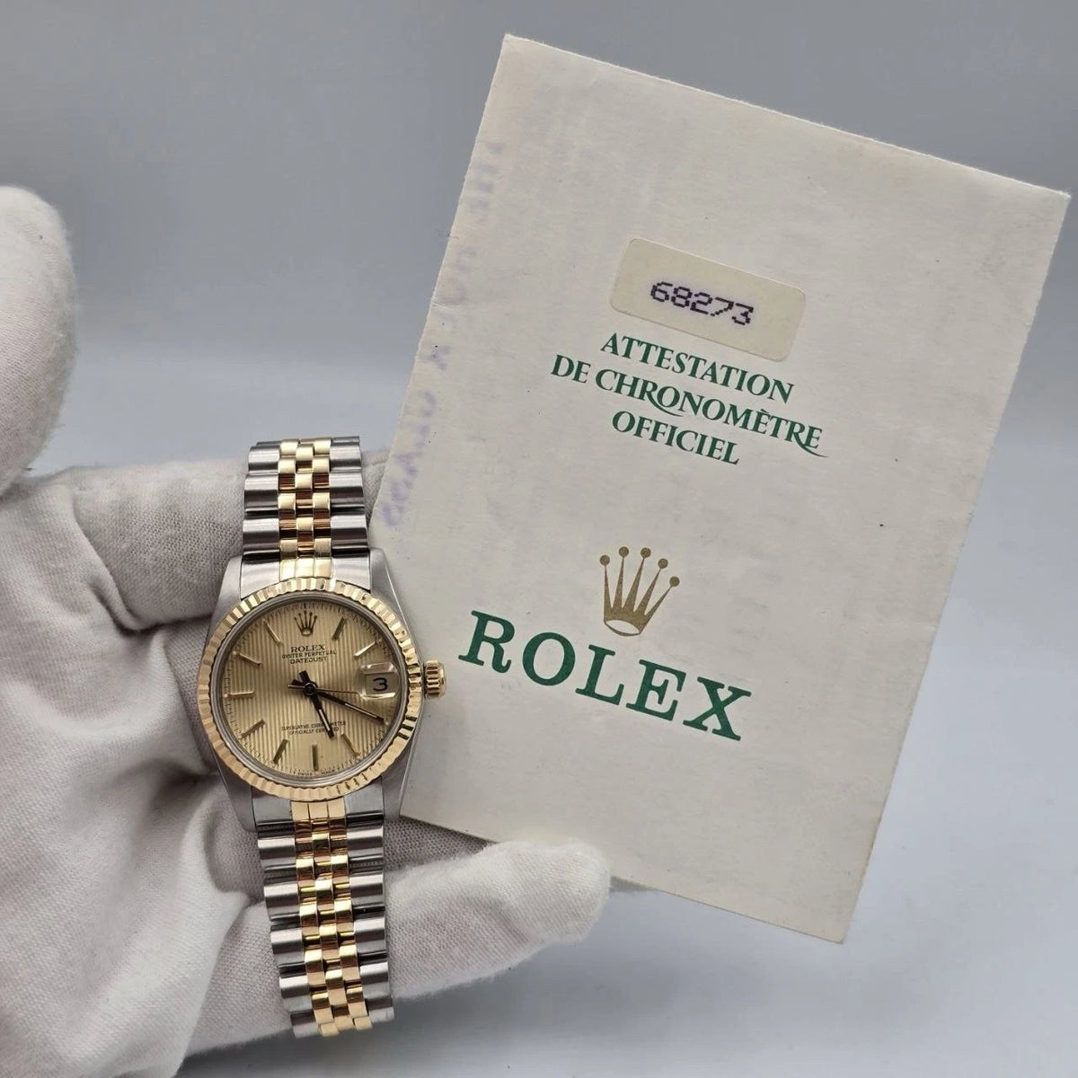 PAPERS Rolex Datejust Midsize Champagne Tapestry Dial Two-Tone 31mm 68273 Watch