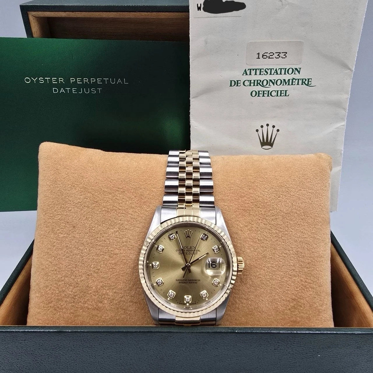 PAPERS Rolex Datejust 36mm Champagne Diamond Dial Two Tone Jubilee 16233 BOX
