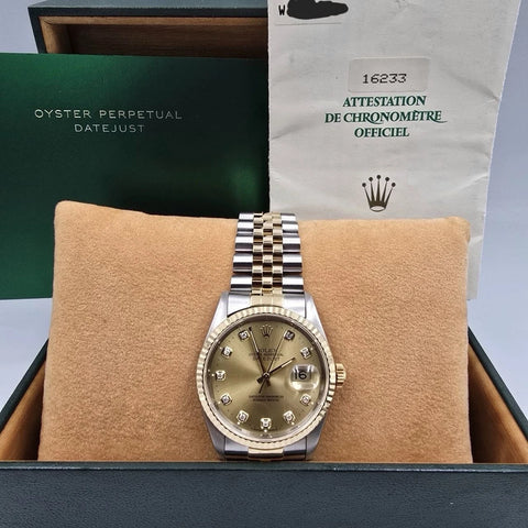 PAPERS Rolex Datejust 36mm Champagne Diamond Dial Two Tone Jubilee 16233 BOX