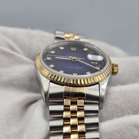 PAPERS Rolex Datejust 36mm Blue Vignette Diamond Dial 18K Gold Jubilee 16233