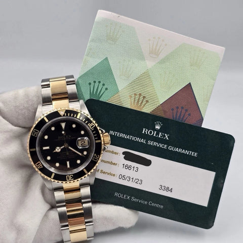 2004 PAPERS Rolex Submariner 16613 Black Dial Two Tone Gold Clasp 40mm BOX + RSC
