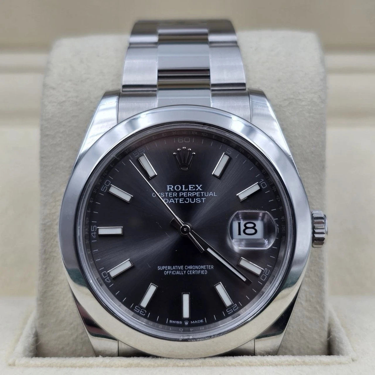 Rolex Datejust 41mm 126300 Rhodium Stick Dial Smooth Bezel Oyster