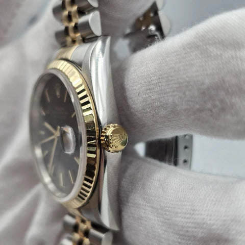 Rolex Datejust 36mm Black Stick Roman Two Tone 18K Yellow Gold Jubilee 16233