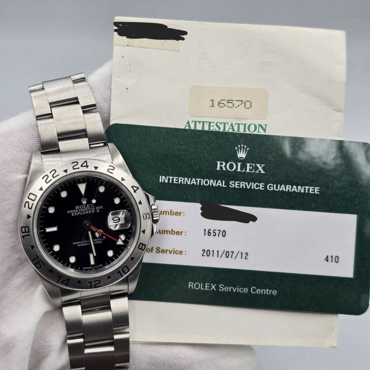 PAPERS Rolex Explorer II Stainless Steel Black Dial 40mm Watch 16570 + 2011 RSC