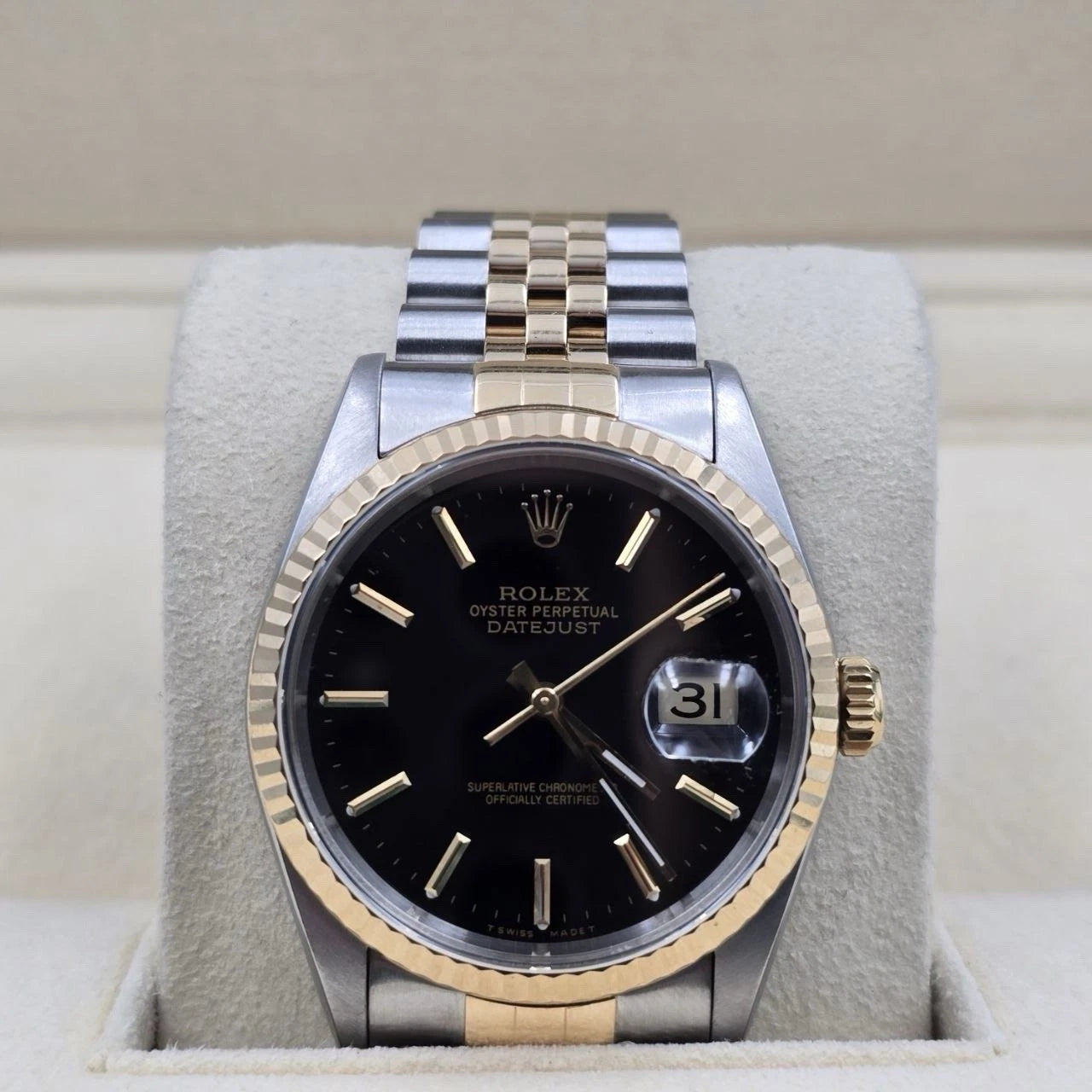 Rolex Datejust 36mm Black Stick Dial Two Tone Gold Stainless Steel Jubilee 16233