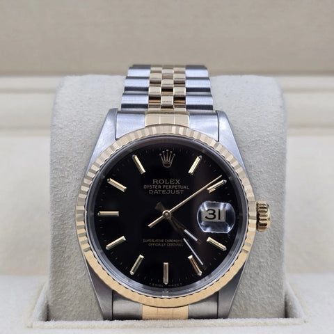 Rolex Datejust 36mm Black Stick Dial Two Tone Gold Stainless Steel Jubilee 16233